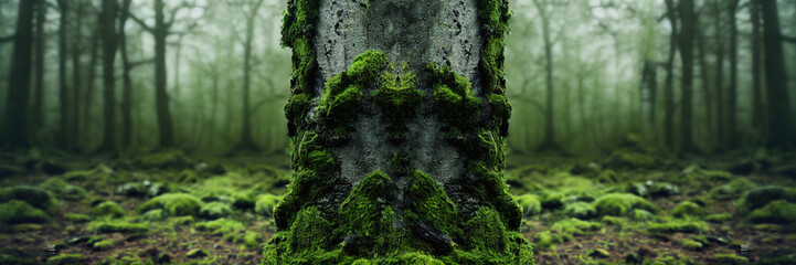 Wall Mural - Raster illustration of moss on a tree in the forest close up. Wildlife, creepers, moss, grass, greenery, tropical jungle, exotic plants. The beauty of the wild concept. 3D rendering artwork