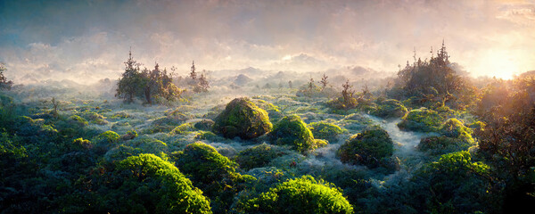 landscape of fabulous mystical swamp with fog at sunset