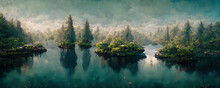 Fantastic Flooded Forest With Lake And Trees In Fantasy Style