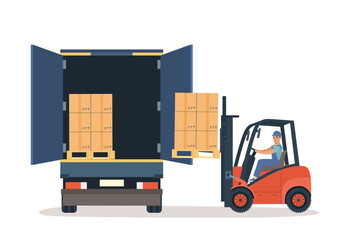 Forklift worker unloads truck. Vector illustration.