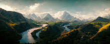 Fantastic Panorama Of The Valley With Mountains And Rivers