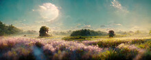 Fantasy Field Landscape With Flowers And Green Vegetation Against The Blue Sky In Fantasy Style