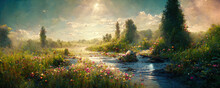 Magical Landscape Of A Fairytale Forest With A River Along The Banks Of Which Flowers Grow