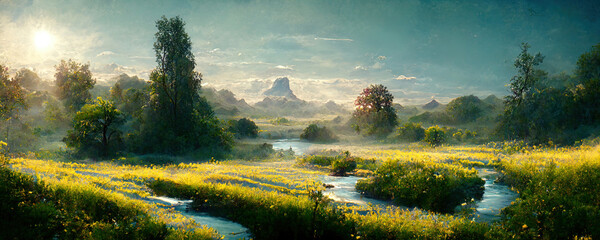 Wall Mural - landscape of a forested plain surrounded by trees and mountains in the background with a river