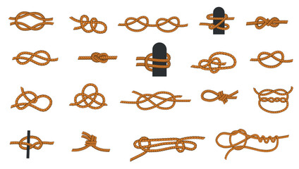 Knot types. Cartoon knotted rope with ties and threads for boating and sailing, eight knot and squareknot. Vector nautical icons collection