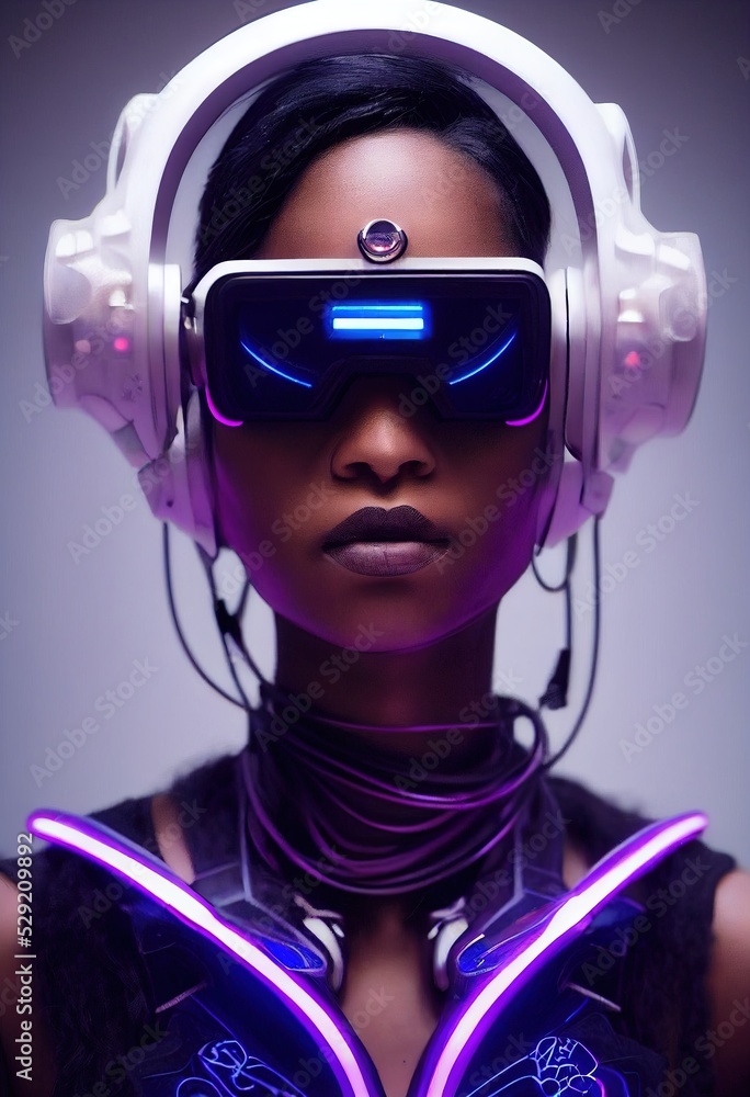 A realistic portrait of a ebony girl wearing a cyberpunk headset and ...