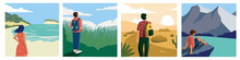 People Looking At Landscape. Cartoon Travelers And Adventurers Enjoying Nature Scenery And Looking On Horizon. Vector People At Hiking And Journey Illustration