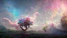 Fantasy Landscape With Magic Tree Shrouded In Pink Mist