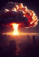 A Creepy Mushroom Nuclear Bomb Explosion In A Metropolis. A Nuclear Apocalyptic Catastrophe. 3D Rendering