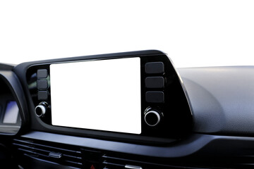 Isolated transparent navigation screen on the dashboard and transparent windscreen from inside of a car