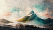 Watercolor mountain background. Landscape with mountains in a minimalist style. Luxurious mountainous terrain in oriental style. Wallpaper design, prints and invitations, postcards. 