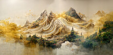 Watercolor Mountain Background. Luxurious Mountainous Terrain In Oriental Style. Wallpaper Design, Prints And Invitations, Postcards. Majestic Mountains. 3D Illustration