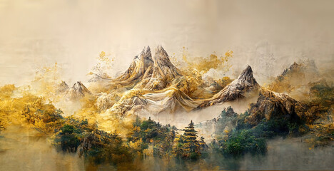 Canvas Print - Watercolor mountain background. Luxurious mountainous terrain in oriental style. Wallpaper design, prints and invitations, postcards. Sharp peaks of mountain rocks 3D illustration