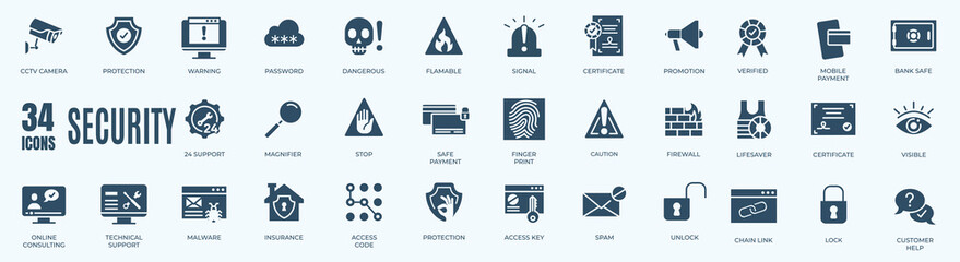 Cyber Security solid icon set. Vector graphic glyph style pictogram package isolated on white background. Protection symbols.