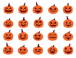 Wall Mural - Pumpkin faces. Cartoon Halloween Jack characters with scary smiley and angry faces, vegetable carving for horror party posters. Vector Halloween emoticons set
