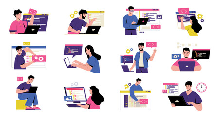 Wall Mural - coding characters concept. cartoon developers working on web programming and application development