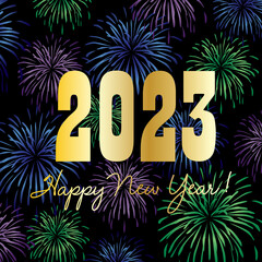 Poster - 2023 Happy New Year graphic with fireworks on black background