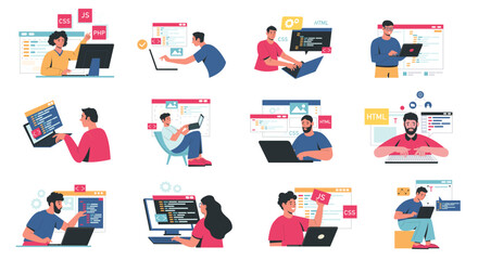 Wall Mural - front end and back end development. abstract characters working on responsive web design, website ap