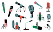 © Tartila - Microphones collection. Music recording radio broadcast equipment, cartoon mic technology for karaoke, studio sound, concert, podcast interview. Vector set