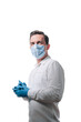 male doctor in a medical mask on his face and gloves on a white background