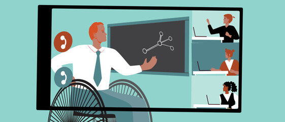 Wall Mural - Inclusive teacher with disability lectures online, flat vector stock illustration as e-learning concept