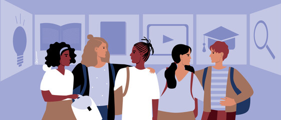 Wall Mural - Multicultural group of students and hologram, modern flat vector stock illustration as concept of online education and digital technologies