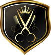 Scissors comb and golden shield. Unique design for hair stylist and beauty salon