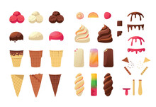 Ice Cream Constructor. Cartoon Cold Summer Dessert Ingredients And Pieces, Colorful Waffle Cones, Fruits, Ice Cream Milky Balls And Toppings. Vector Isolated Set