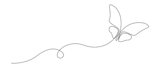 Poster - Butterfly in One continuous line drawing. Beautiful flying moth for wellbeing beauty or spa salon logo and divider concept in simple linear style. Editable stroke. Doodle vector illustration