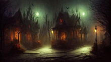 Dark Scary Street With Ancient Houses And Lanterns, Halloween Background. Foggy Night. Darkness, Fear, Neon. Pumpkins. 3D Illustration.