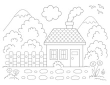 Cozy House With Fireplace In The Mountains. Coloring Page For Kids That You Can Print On Standard 8.5x11 Inch Paper