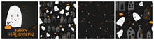 Halloween Cute Ghost In Night Town Dark Background Set. Cartoon Kawaii Style October 31st Holiday Mystic Scene Seamless Pattern And Clipart In Black, Orange And White Colors.