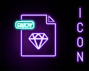 Glowing neon line RUBY file document. Download ruby button icon isolated on black background. RUBY file symbol. Colorful outline concept. Vector