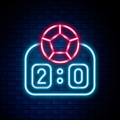 Wall Mural - Glowing neon line Sport mechanical scoreboard and result display icon isolated on brick wall background. Colorful outline concept. Vector