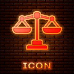 Sticker - Glowing neon Scales of justice icon isolated on brick wall background. Court of law symbol. Balance scale sign. Vector.