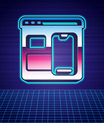Retro style Software, web developer programming code icon isolated futuristic landscape background. Javascript computer script random parts of program code. 80s fashion party. Vector