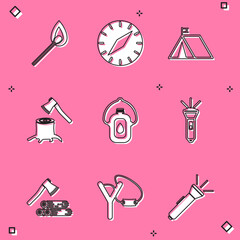 Sticker - Set Burning match with fire, Compass, Tourist tent flag, Wooden axe stump, Canteen water bottle, Flashlight, and wood and Slingshot icon. Vector