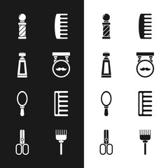 Sticker - Set Barbershop, Cream or lotion cosmetic tube, Classic pole, Hairbrush, Hand mirror, and Scissors hairdresser icon. Vector