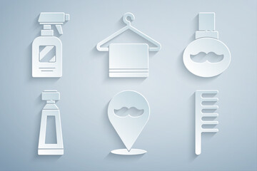 Wall Mural - Set Barbershop, Beard and mustaches care oil bottle, Cream or lotion cosmetic tube, Hairbrush, Towel hanger and Hairdresser pistol spray icon. Vector