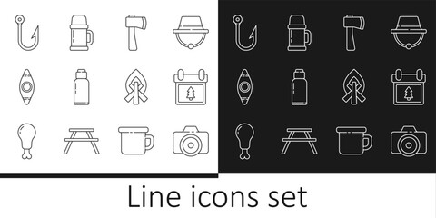 Sticker - Set line Photo camera, Calendar with tree, Wooden axe, Canteen water bottle, Kayak or canoe, Fishing hook, Campfire and Thermos container icon. Vector