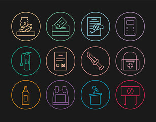 Wall Mural - Set line Protest, First aid kit, Petition, Poll document, Fire extinguisher, Burning car, Military knife and Vote box icon. Vector