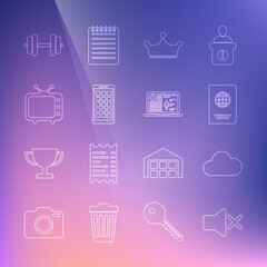 Wall Mural - Set line Speaker mute, Cloud, Passport, Crown, Mobile Apps, Television tv, Dumbbell and Medical clinical record icon. Vector