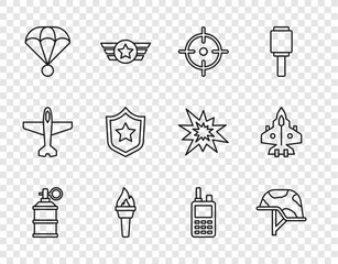 Wall Mural - Set line Hand smoke grenade, Military helmet, Target sport, Torch flame, Parachute, Police badge, Walkie talkie and Jet fighter icon. Vector