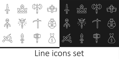 Canvas Print - Set line Old money bag, Video game bar, Medieval poleaxe, Magic staff, Dagger, Pickaxe and King crown icon. Vector