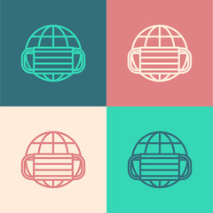 Sticker - Pop art line Earth globe with medical mask icon isolated on color background. Vector.