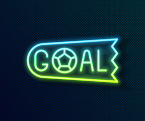 Poster - Glowing neon line Goal soccer football icon isolated on black background. Vector