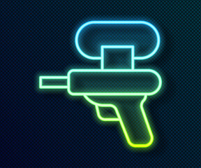 Poster - Glowing neon line Water gun icon isolated on black background. Vector