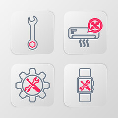 Sticker - Set line Smartwatch service, Wrench and screwdriver in gear, Air conditioner and icon. Vector