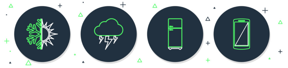 Poster - Set line Storm, Refrigerator, Sun and snowflake and Smartphone, mobile phone icon. Vector