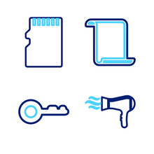 Set Line Hair Dryer, Diamond, Paper Scroll And Micro SD Memory Card Icon. Vector